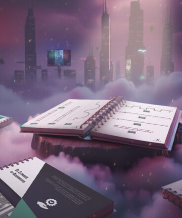 imagens-IA-catalogo Imagem ilustrativa feita com inteligência artificial de plataformas suspensas em meio a nuvens, luz suave em tons de rosa, roxo e ciano e uma skyline futurista ao fundo criam o clima high-tech. Em primeiro plano, os catálogos espiralados da Xtral Alumínio — abertos nas páginas do catálogo geral de perfis desenvolvido pela Manghá — revelam diagramas técnicos com organização limpa e leitura precisa. Reflexos neon percorrem as lombadas metálicas, enquanto painéis luminosos ao longe reforçam a atmosfera de inovação. A composição conecta engenharia e estética: produto, processo e apresentação alinhados para comunicar tecnologia com clareza.
